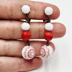 Vintage Western Germany Dangle Clip on Earrings Red White Mod Retro Acrylic